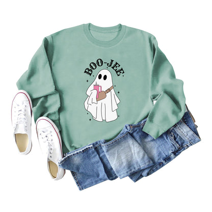Sweat-shirt ras du cou imprimé fantôme de dessin animé pour femme Halloween
