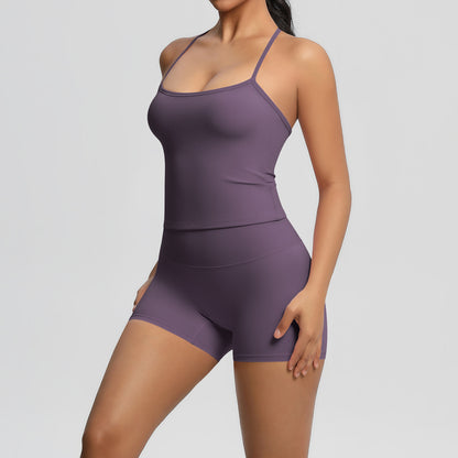 Conjunto de dos piezas de camiseta sin mangas informal con espalda descubierta y pantalones cortos ajustados para mujer