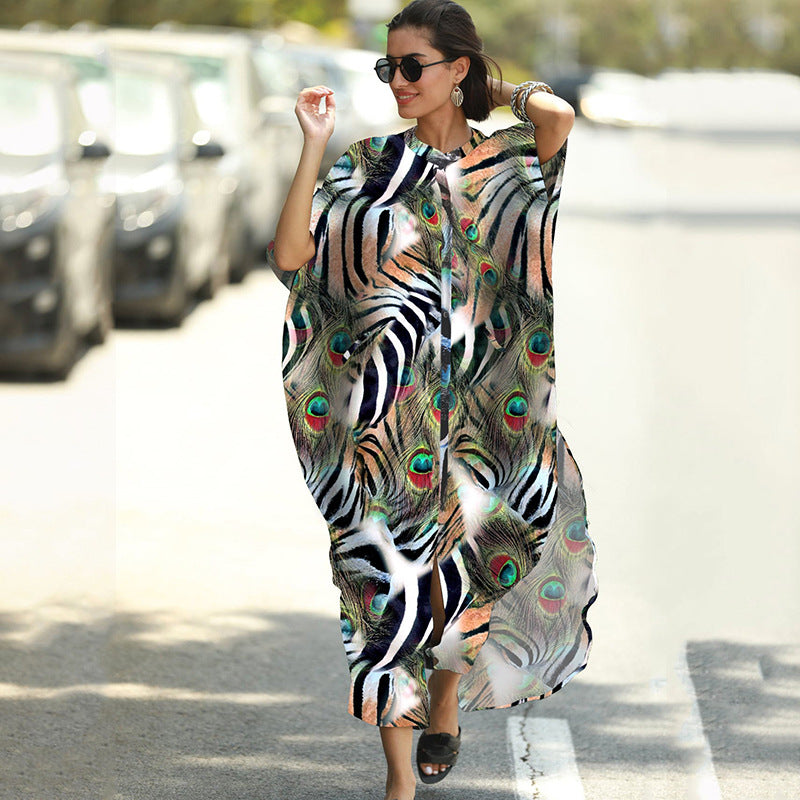 Women Fashion Summer Vacation Boho Style Leopard V Neck Loose Maxi Dress