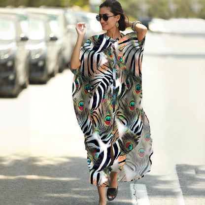 Women Fashion Summer Vacation Boho Style Leopard V Neck Loose Maxi Dress