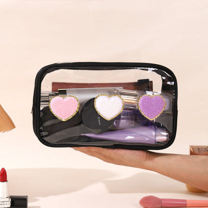 Bolsa de cosméticos impermeable de PVC transparente con letras bordadas
