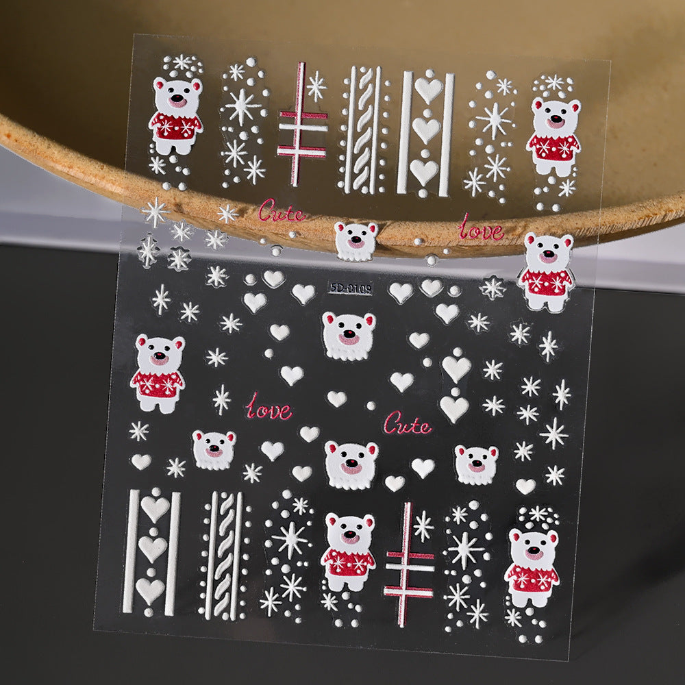 Pegatinas para uñas con relieve navideño de Papá Noel, muñeco de nieve y copos de nieve