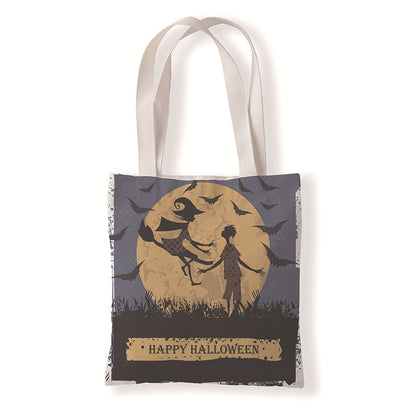 Bolsa de lona con estampado de calabaza y murciélago de Halloween con dibujos animados