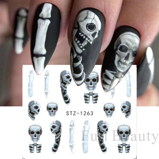 Autocollants pour ongles motif crâne et feuille d'érable pour femme, mode Halloween