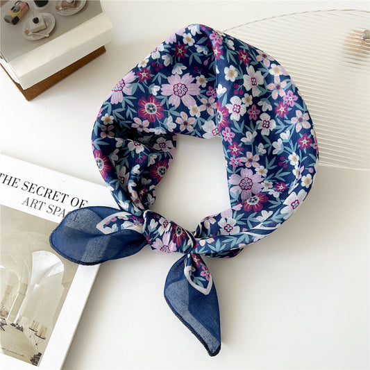 Women Fashion Elegant Floral Printed Cotton And Linen Small Square Scarf