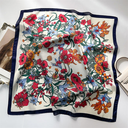 Pañuelo cuadrado de satén de seda con estampado de lirios y flores de 70 cm