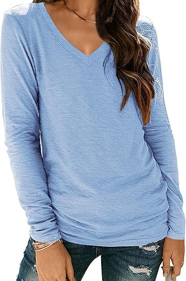 Women Fashion Casual Solid Color V-Neck Long Sleeve Blank T-Shirt
