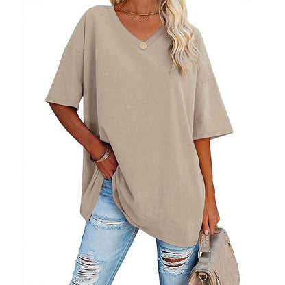 Camiseta informal holgada de manga corta con cuello en V para mujer, color liso