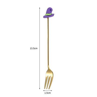 Tenedor y cuchara de acero inoxidable para postres y frutas con dibujos animados de Halloween.