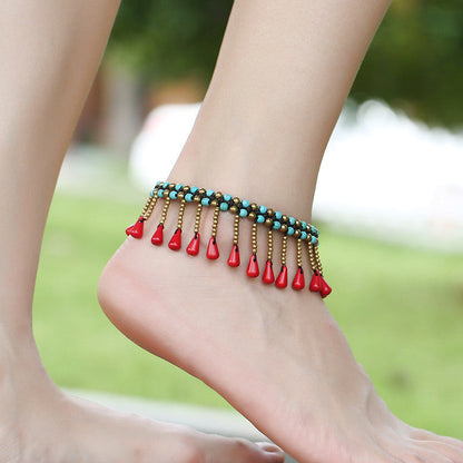 Tobillera bohemia con borlas trenzadas hechas a mano