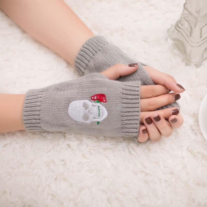 Halloween Autumn Winter Wool Embroidered Skull Gloves