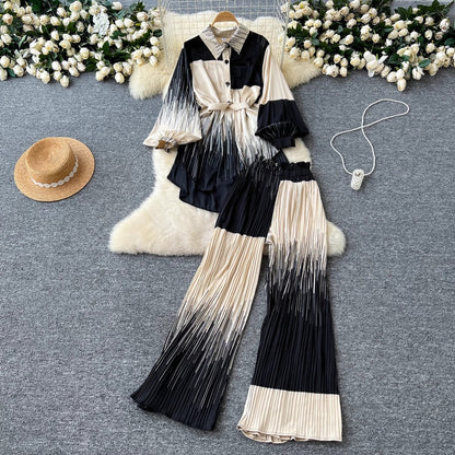 Women Casual Printed Blouse and Wide Leg Pants Set