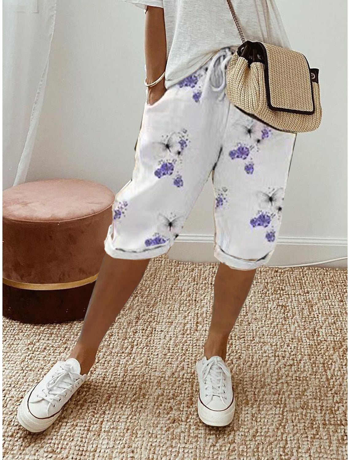 Pantalones casuales de lino y algodón de color liso a la moda para mujer