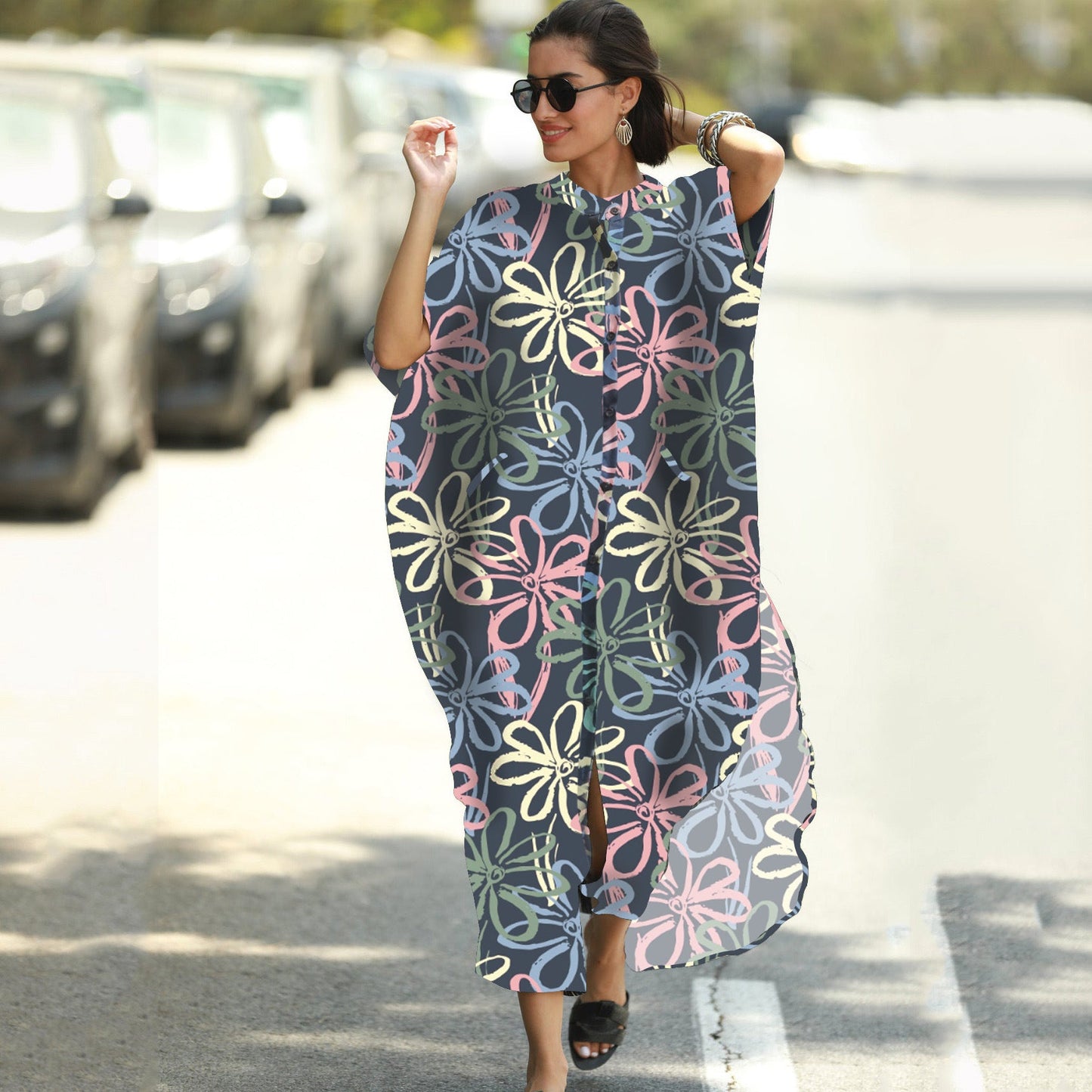 Women Fashion Summer Vacation Boho Style Leopard V Neck Loose Maxi Dress