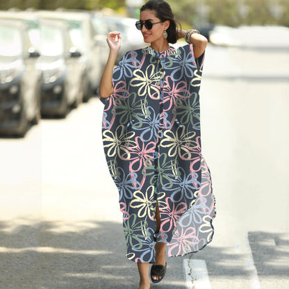 Women Fashion Summer Vacation Boho Style Leopard V Neck Loose Maxi Dress