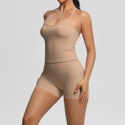 Conjunto de dos piezas de camiseta sin mangas informal con espalda descubierta y pantalones cortos ajustados para mujer