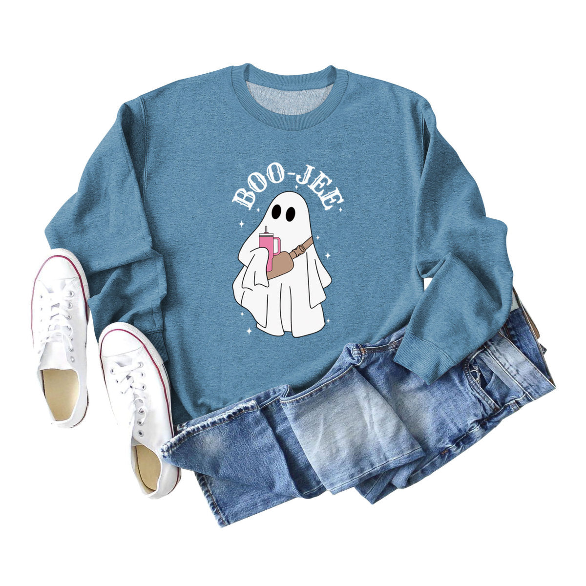 Sweat-shirt ras du cou imprimé fantôme de dessin animé pour femme Halloween