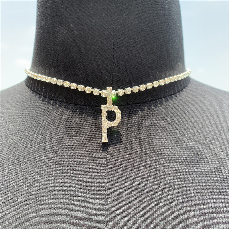 Women Rhinestone Alphabet Necklace