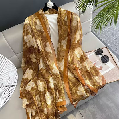 Summer Women Fashion Geometric Leaves Printed Silk Scarf