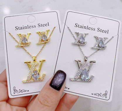 Women Fashion Zircon Necklace Earrings Set