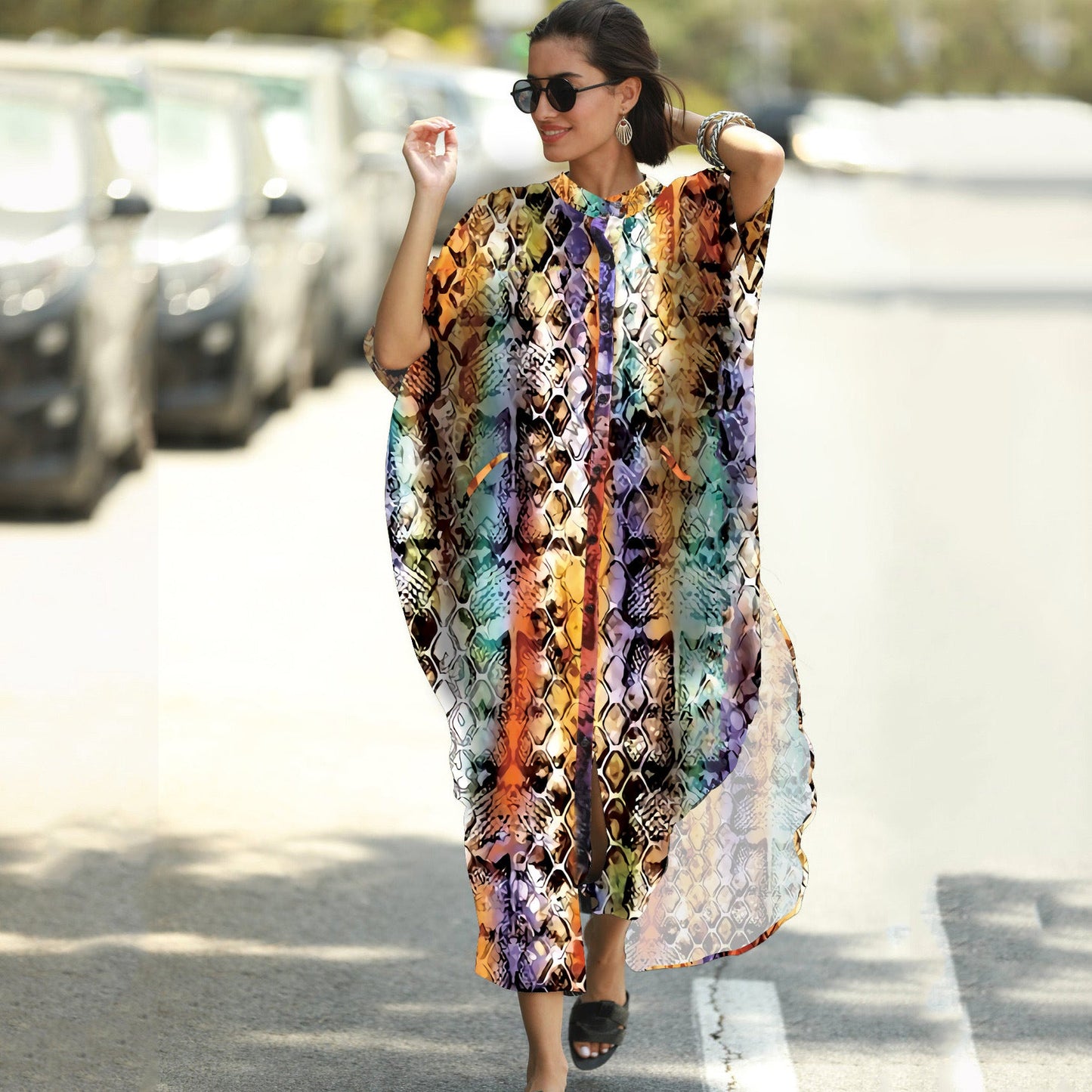 Women Fashion Summer Vacation Boho Style Leopard V Neck Loose Maxi Dress
