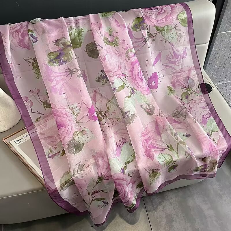 Summer Women Fashion Geometric Leaves Printed Silk Scarf