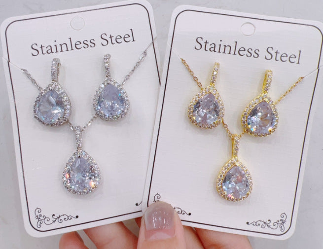 Women Fashion Zircon Necklace Earrings Set