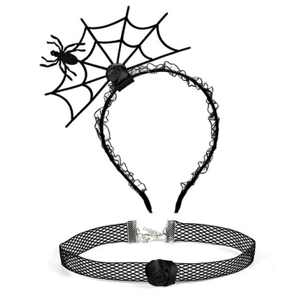 Ensemble de bijoux ras du cou en dentelle avec bandeau en toile d'araignée noire pour femme, idéal pour Halloween