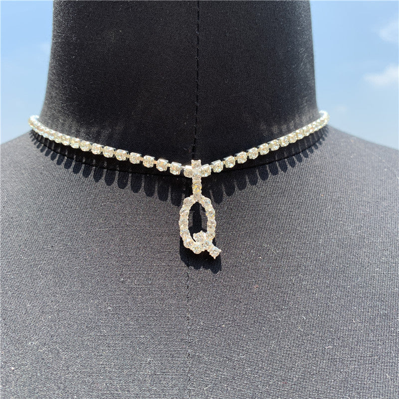 Women Rhinestone Alphabet Necklace