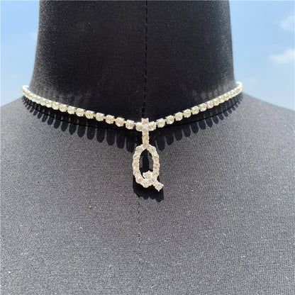 Women Rhinestone Alphabet Necklace