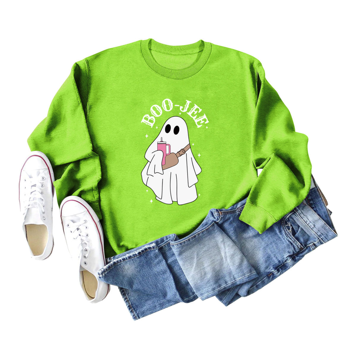 Sweat-shirt ras du cou imprimé fantôme de dessin animé pour femme Halloween