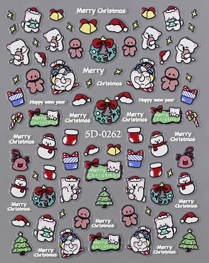 Pegatinas para uñas con relieve navideño de Papá Noel, muñeco de nieve y copos de nieve