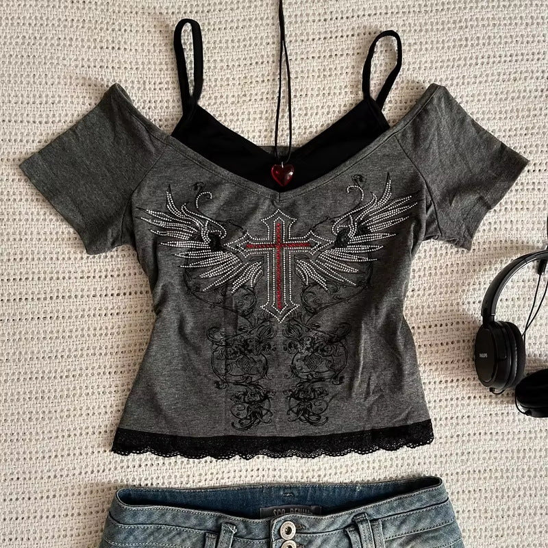 Camiseta de manga corta con estampado gótico de moda de verano para mujer
