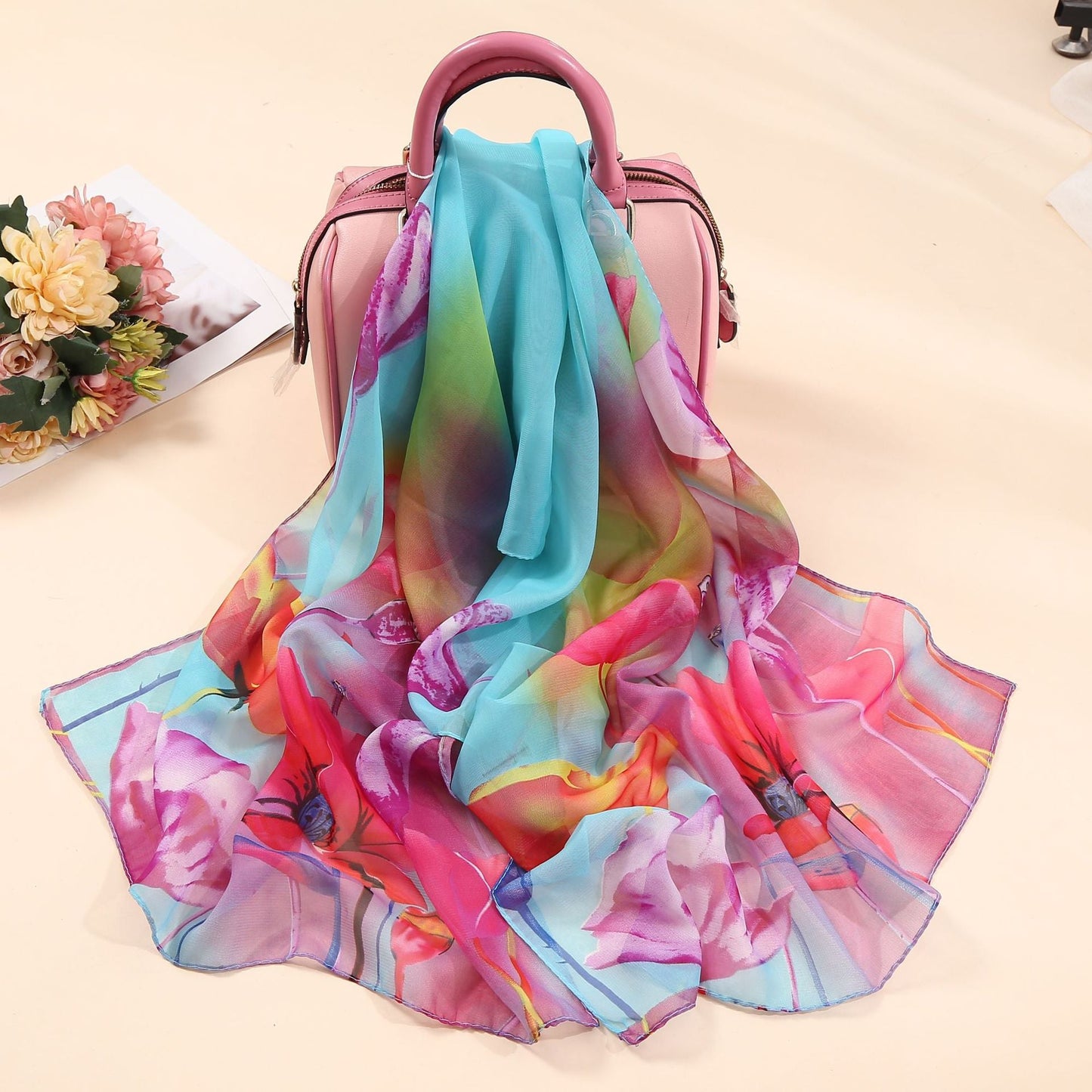 Bufanda de gasa con estampado de flores para primavera y verano