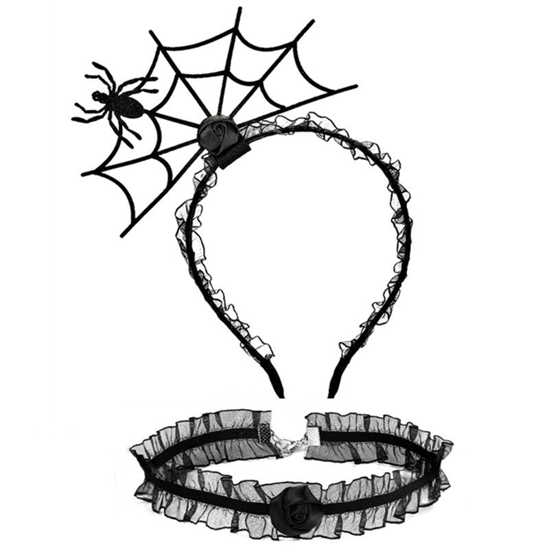 Ensemble de bijoux ras du cou en dentelle avec bandeau en toile d'araignée noire pour femme, idéal pour Halloween