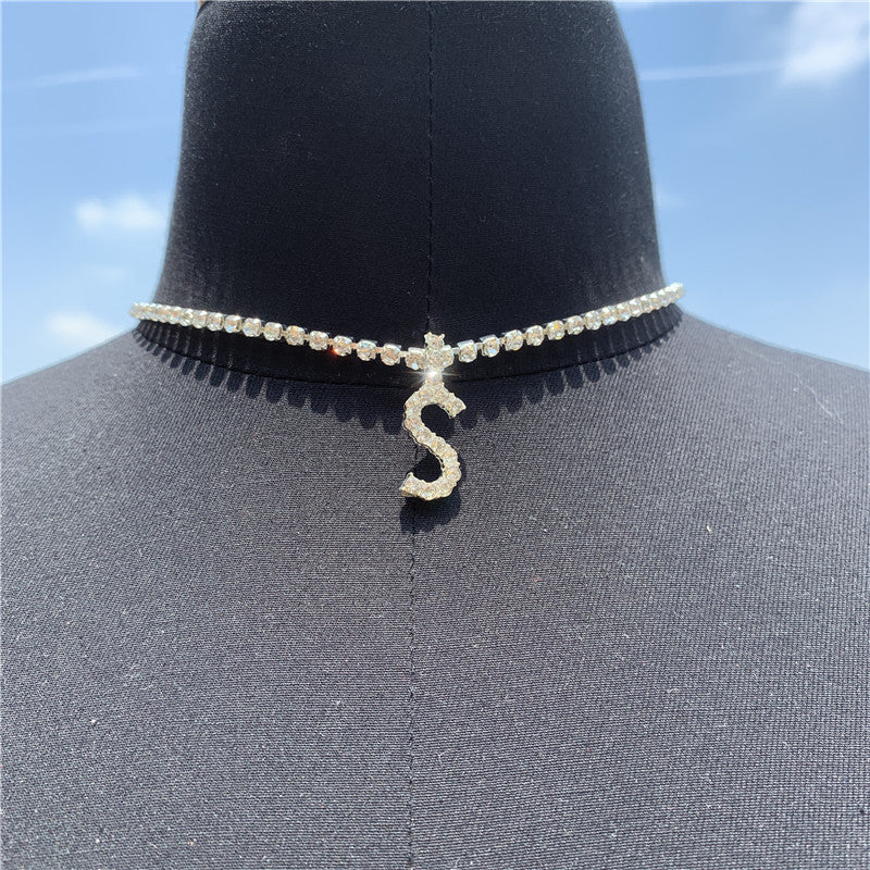 Women Rhinestone Alphabet Necklace