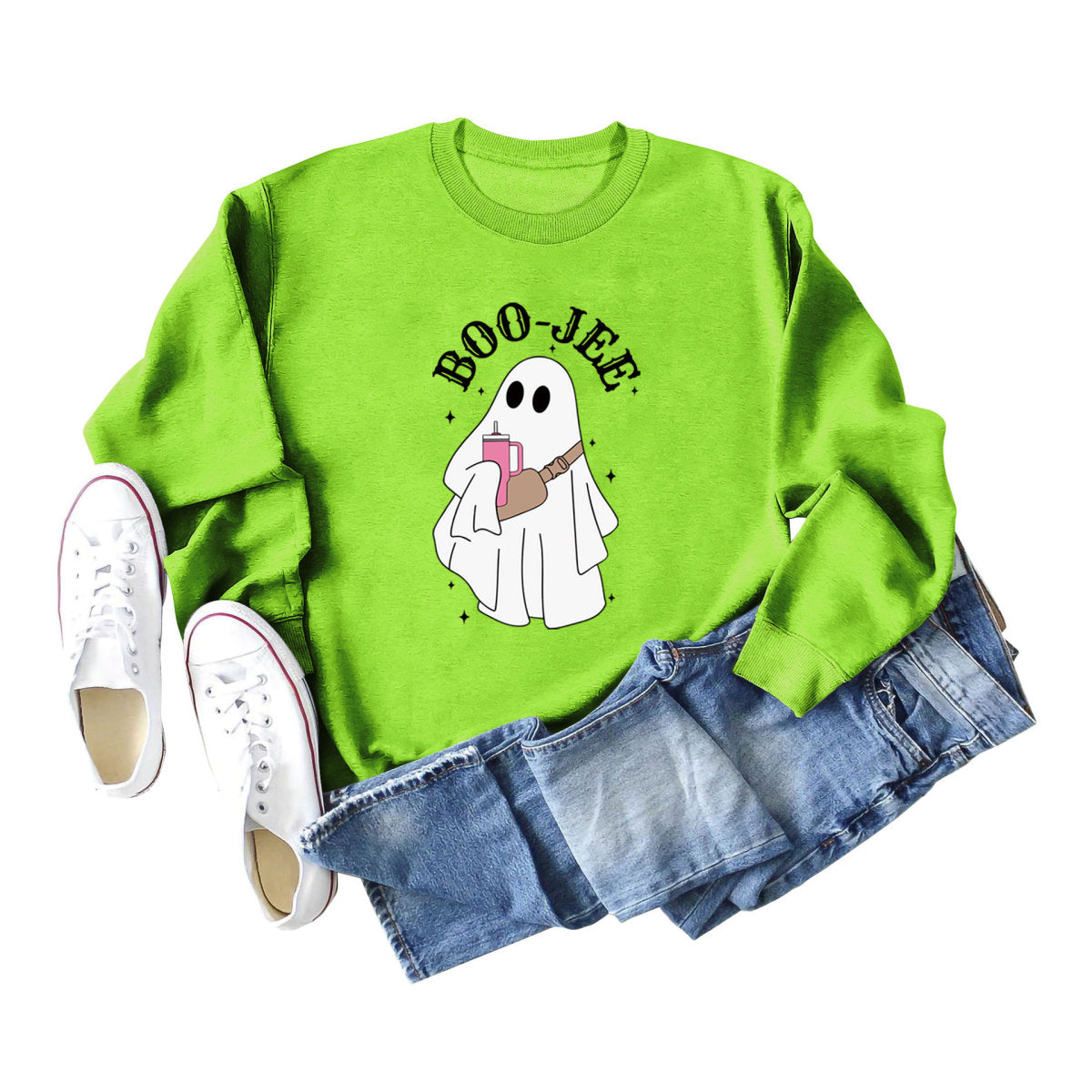 Sweat-shirt ras du cou imprimé fantôme de dessin animé pour femme Halloween