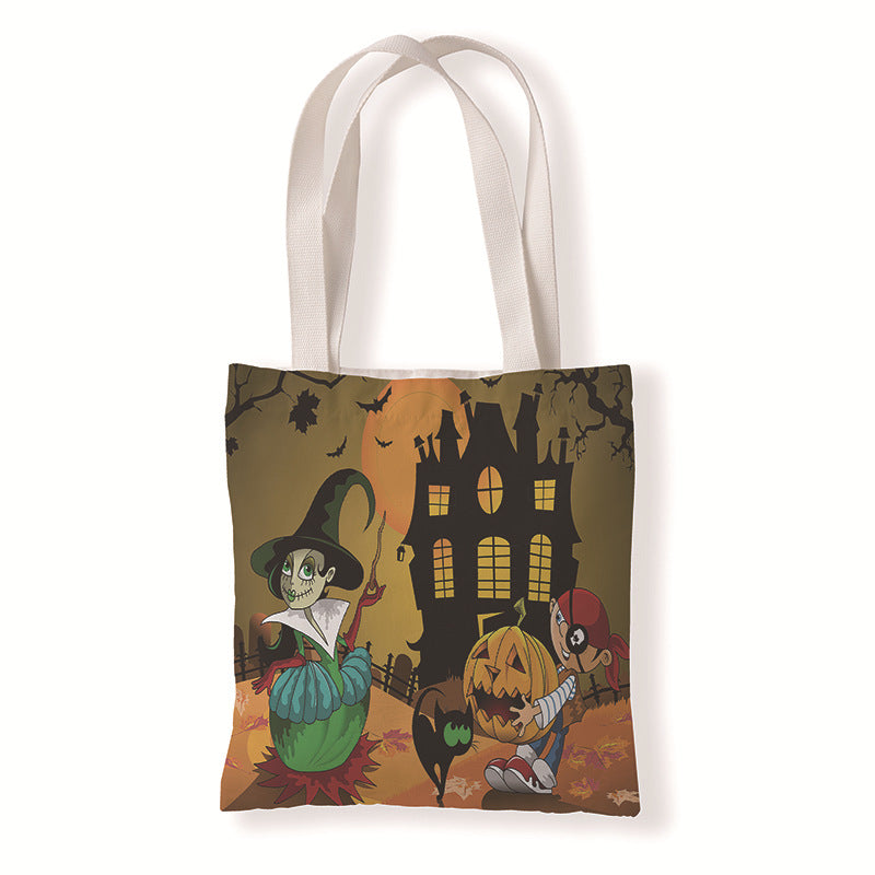 Bolsa de lona con estampado de calabaza y murciélago de Halloween con dibujos animados