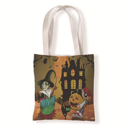 Bolsa de lona con estampado de calabaza y murciélago de Halloween con dibujos animados