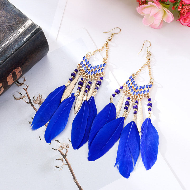 High-Value Feather Bohemian Long Tassel Earrings