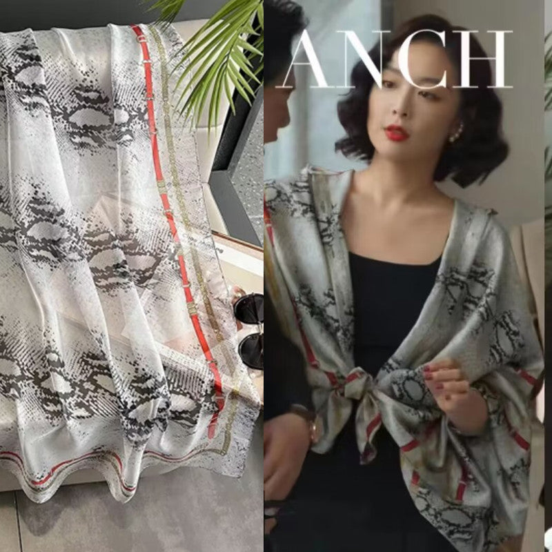 Summer Women Fashion Geometric Leaves Printed Silk Scarf