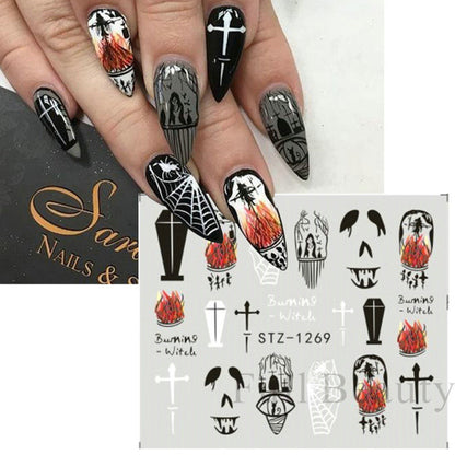 Autocollants pour ongles motif crâne et feuille d'érable pour femme, mode Halloween