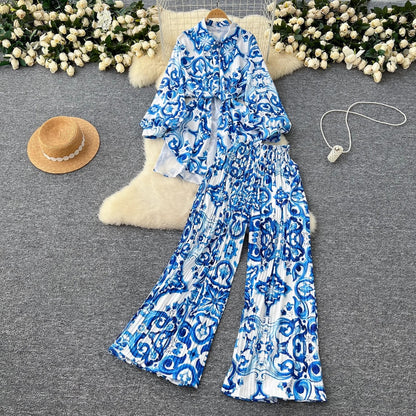 Women Casual Printed Blouse and Wide Leg Pants Set