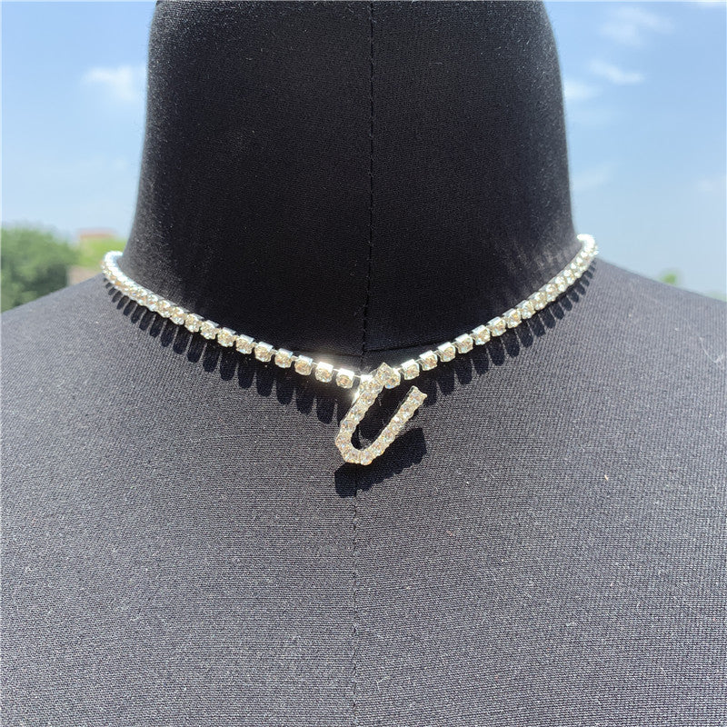 Women Rhinestone Alphabet Necklace