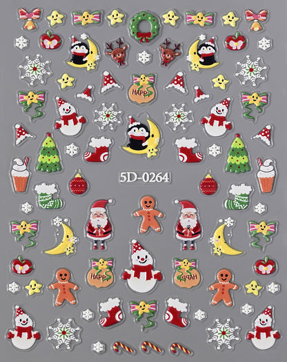 Pegatinas para uñas con relieve navideño de Papá Noel, muñeco de nieve y copos de nieve