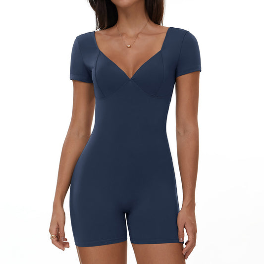Women Solid Color V-Neck Short-Sleeve Backless Yoga Romper