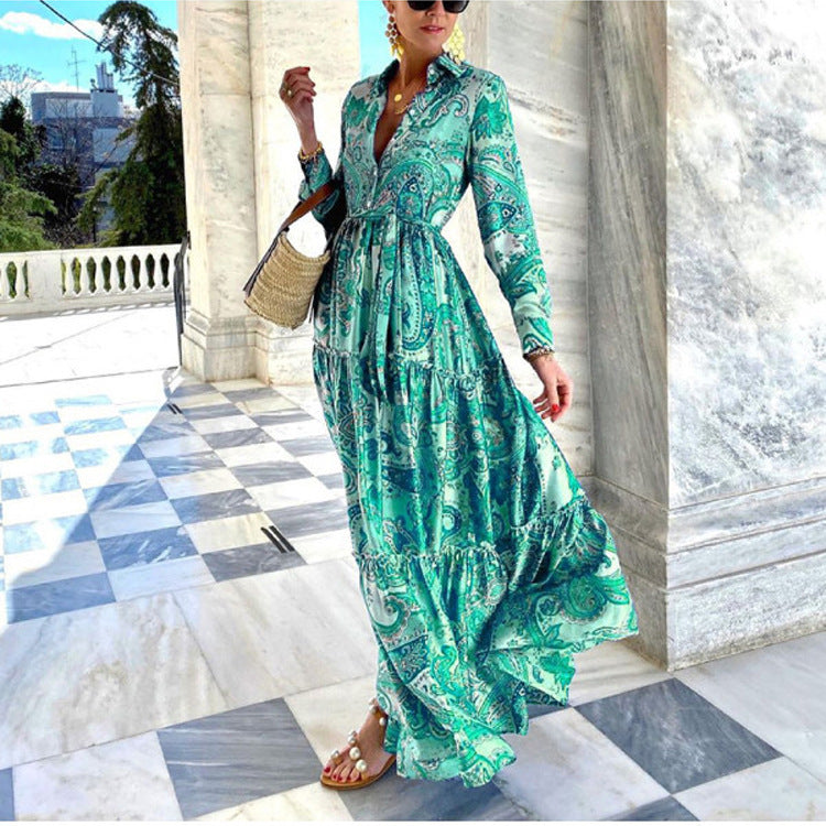 Vestido bohemio de cachemira de manga larga para mujer en azul, verde y rojo
