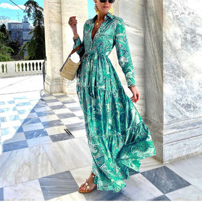 Vestido bohemio de cachemira de manga larga para mujer en azul, verde y rojo