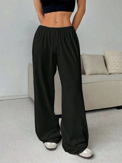 Women Casual Simple Solid Color Loose Lace-Up Wide Leg Pants
