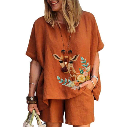 Women's Fashion Geometric Fawn Cotton and Linen Two-Piece Set